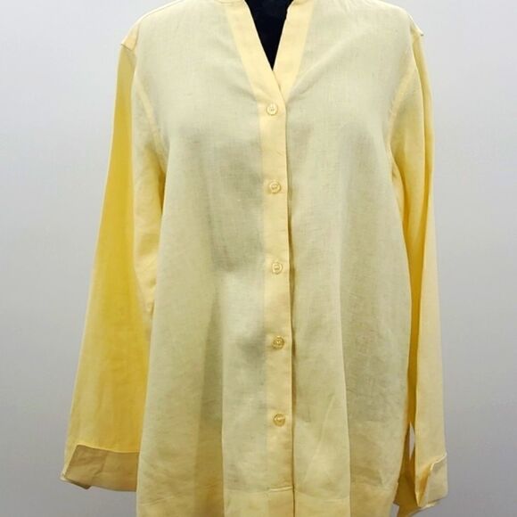 Chadwicks Band Collar Long Sleeve Button Up 100% Linen Blouse Yellow Size Large - Picture 6 of 12